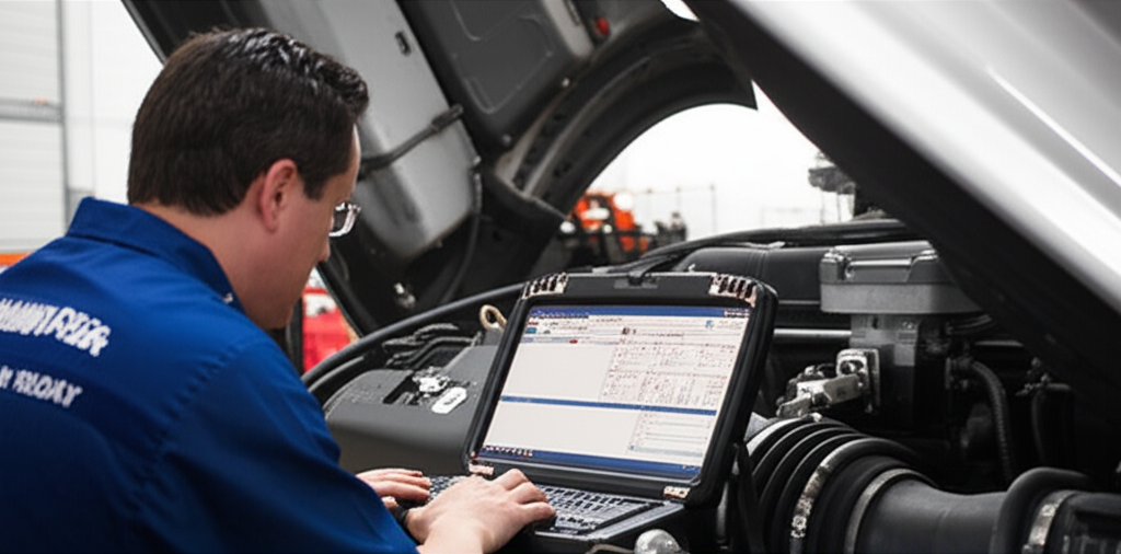 Diesel truck electrical diagnostics being performed with computer in Ogallala Nebraska